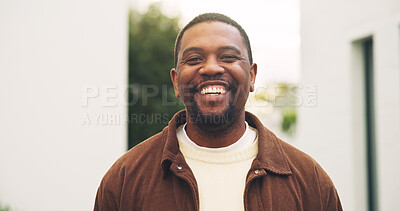Buy stock photo Laughing, backyard and portrait of black man in new home for real estate development, pride and happy. Moving in, property investment and joke with person outdoor for space, homeowner and security