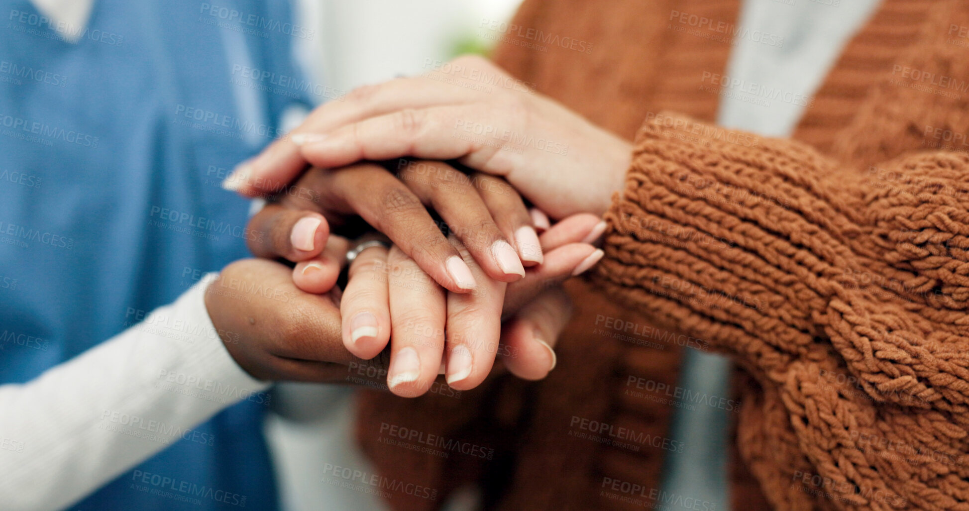 Buy stock photo Nursing home, nurse and holding hands with old person, help and empathy with gesture in living room. Caregiver, assistance and comfort for elderly patient, kindness and healthcare service in house