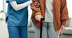Senior, woman and physio hands with cane, support and assistance for rehabilitation in nursing home. Healthcare worker, help and elderly person with disability, walking stick and physical therapy.