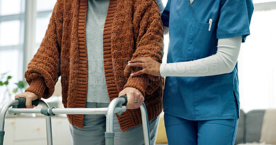 Buy stock photo Senior, woman and physio hands with walker, support and assistance for rehabilitation in nursing home. Healthcare worker, help and elderly person with disability, mobility aid and physical therapy.