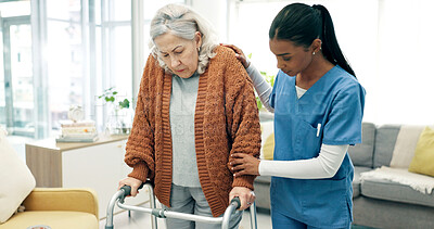 Buy stock photo Elderly, woman and physio in nursing home with walker, support and rehabilitation for stroke recovery. Healthcare worker, help and senior person with disability, mobility aid and healing from injury.