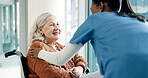 Wheelchair, nurse and trust with old woman in home for comfort, assisted living and healthcare. Caregiver, support and elderly person with disability in house, medical help and smile in retirement