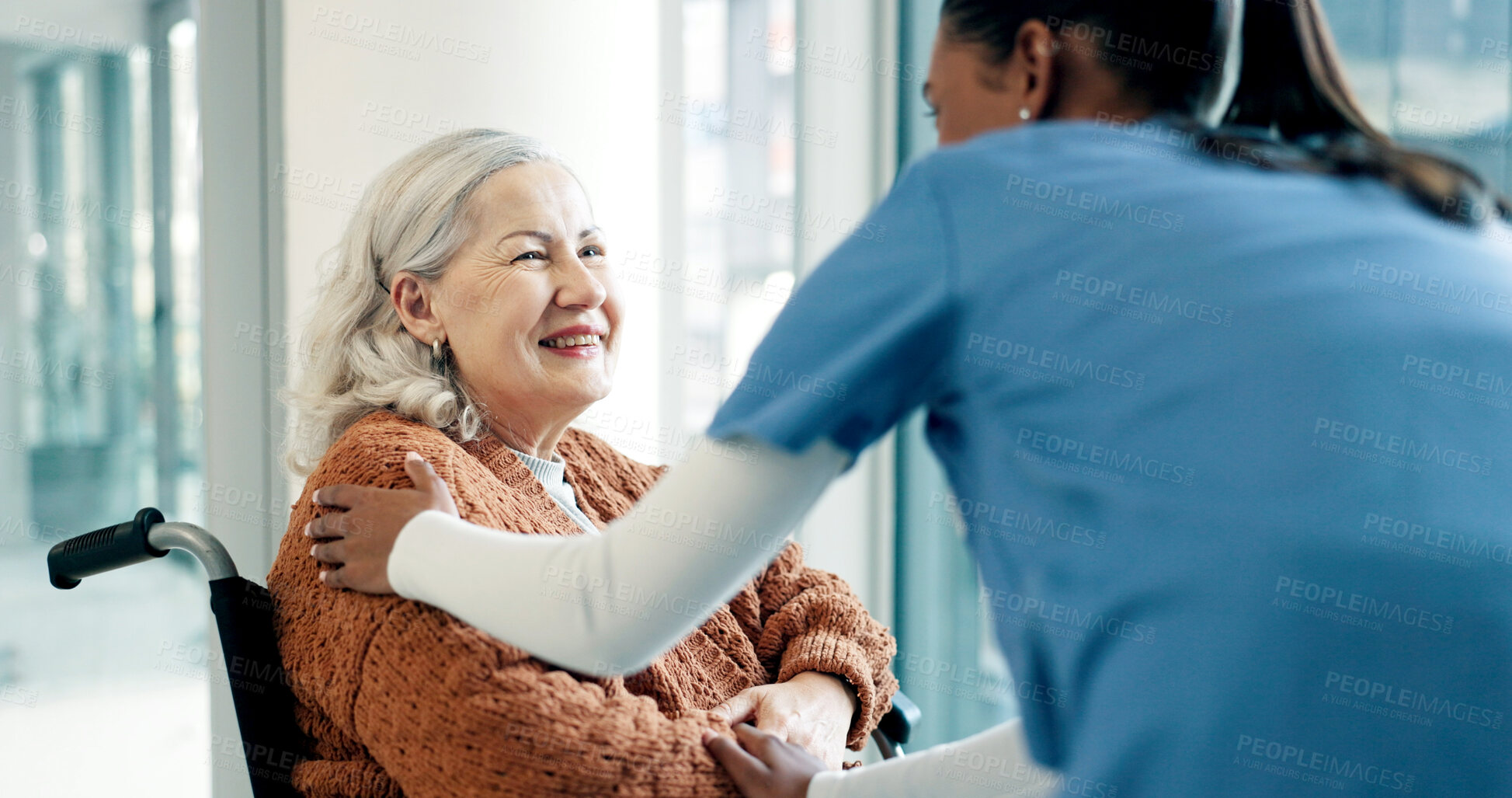 Buy stock photo Wheelchair, nurse and trust with old woman in home for comfort, assisted living and healthcare. Caregiver, support and elderly person with disability in house, medical help and smile in retirement