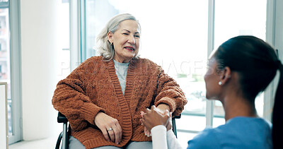 Buy stock photo Clinic, caregiver and holding hands with old woman in wheelchair, support or helping elderly patient. Nurse, consultation and senior person with disability, happy and healthcare services in hospital