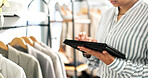Research, tablet and hands of woman in store for ecommerce order with email confirmation. Typing, digital technology and female fashion designer with information for online purchase in boutique.