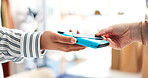 Credit card, machine and hands of worker with customer in store for shopping, purchase or pos. Debit, checkout and employee with consumer for loyalty points, payment or transaction in boutique.