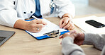 Clinic, hands and doctor with patient, healthcare and explaining medical diagnosis and test results. People, consultation and health professional with clipboard, wellness and appointment in hospital