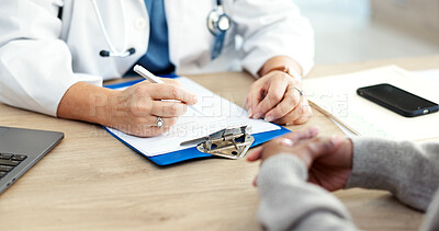 Buy stock photo Clinic, hands and doctor with patient, healthcare and explaining medical diagnosis and test results. People, consultation and health professional with clipboard, wellness and appointment in hospital