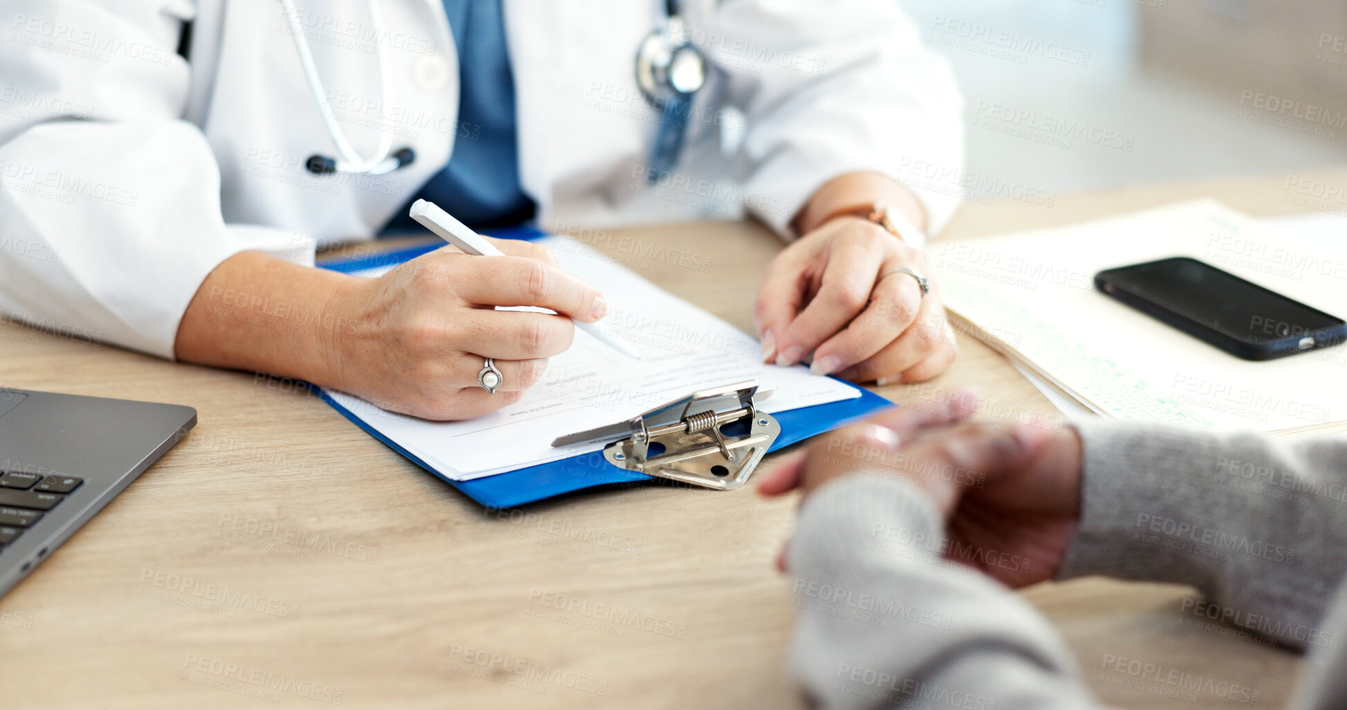 Buy stock photo Clinic, hands and doctor with patient, healthcare and explaining medical diagnosis and test results. People, consultation and health professional with clipboard, wellness and appointment in hospital