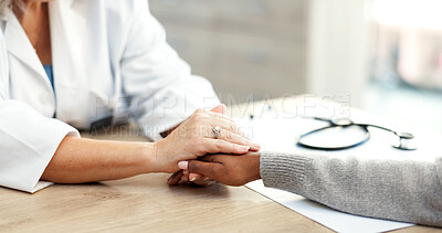 Buy stock photo Healthcare, hands and doctor with patient comfort for health diagnosis, medical support and empathy. Professional, women and console in hospital consultation for test results, bad news and follow up