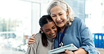 Healthcare, doctor and hug woman with tablet for clear scan results, good news and recovery. Tech, excited professional and embrace patient in clinic follow up for treatment success, healing or pride