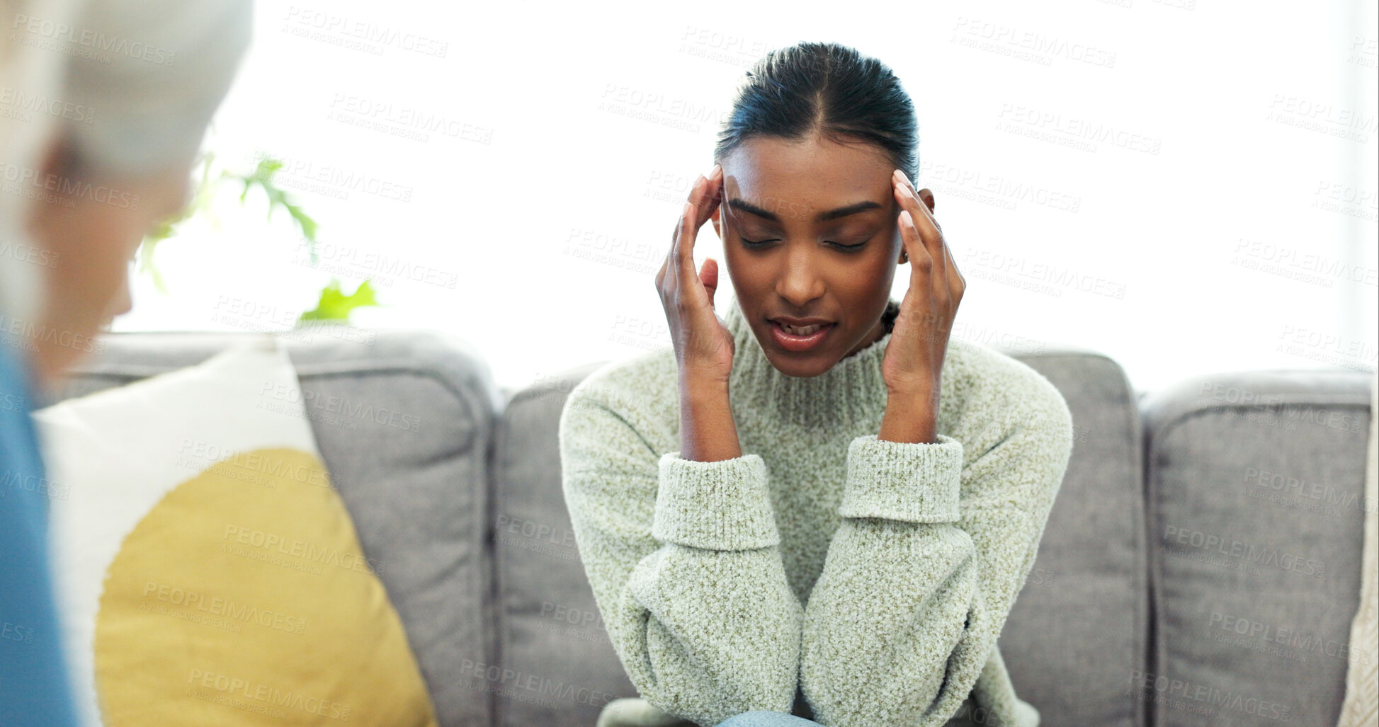 Buy stock photo Mental health, consultation and woman with anxiety in office, psychologist and listening to patient. Therapist, help and counseling session for person with depression, talking and explaining trauma
