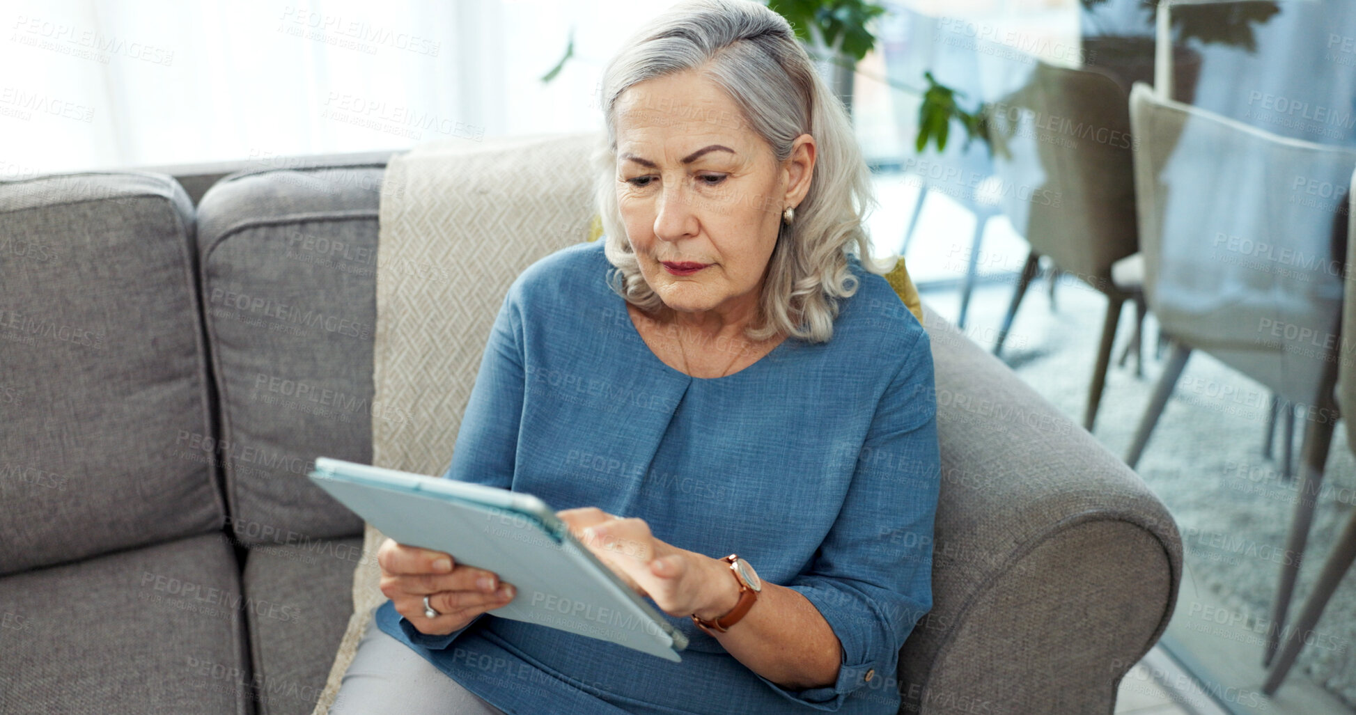 Buy stock photo Tablet, online and senior woman on sofa in home with reading blog on pension funds, savings or finance. Digital technology, relax and elderly female person with retirement planning in living room.