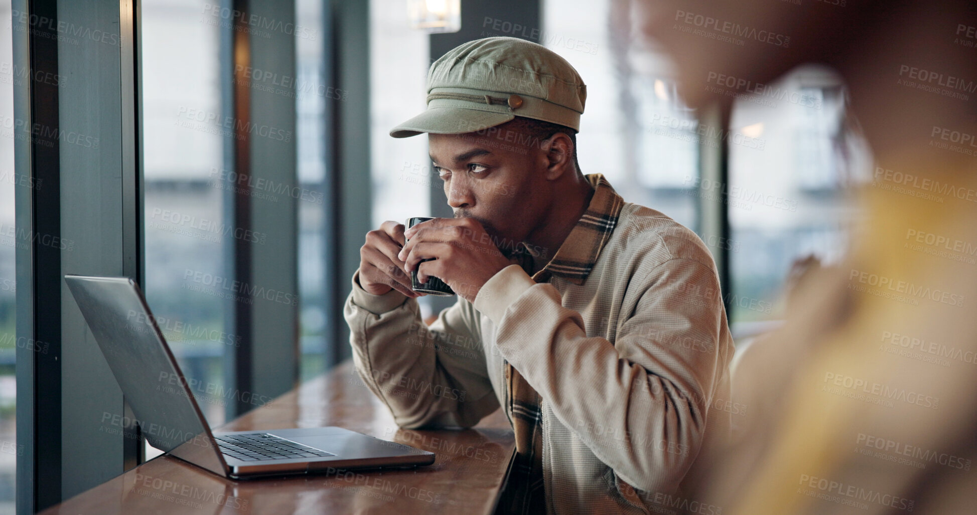 Buy stock photo Thinking, remote work and man with drink in coffee shop, marketing idea and inspiration for campaign. Cafe, freelancer and marketer with beverage for planning break, brand vision and creative project