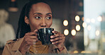Black woman, thinking and drink in cafe for reflection, insight and relax with inspiration at restaurant. Happy person, bokeh and cup with coffee shop, memory and perspective with beverage at diner