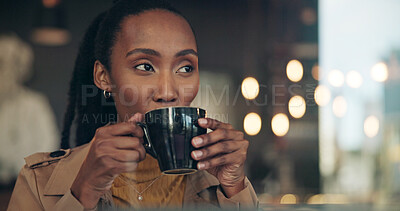 Buy stock photo Black woman, thinking and drink in cafe for reflection, insight and relax with inspiration at restaurant. Happy person, bokeh and cup with coffee shop, memory and perspective with beverage at diner