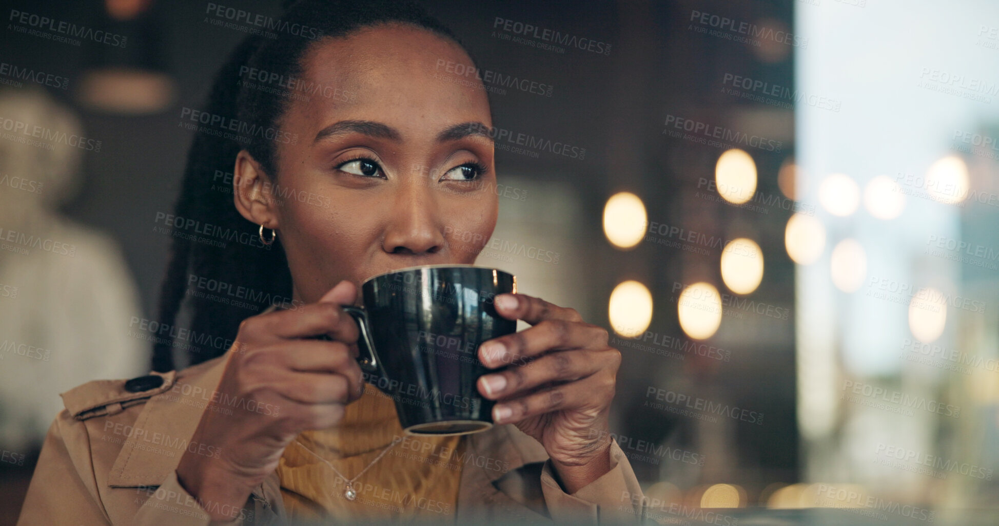 Buy stock photo Black woman, thinking and drink in cafe for reflection, insight and relax with inspiration at restaurant. Happy person, bokeh and cup with coffee shop, memory and perspective with beverage at diner
