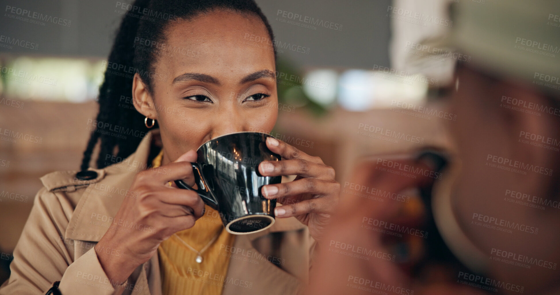 Buy stock photo Black woman, drinking and coffee date with couple for bonding, love and care with refreshment. Person, partner and tea cup for break, healthy relationship and relax together in cafe for catch up