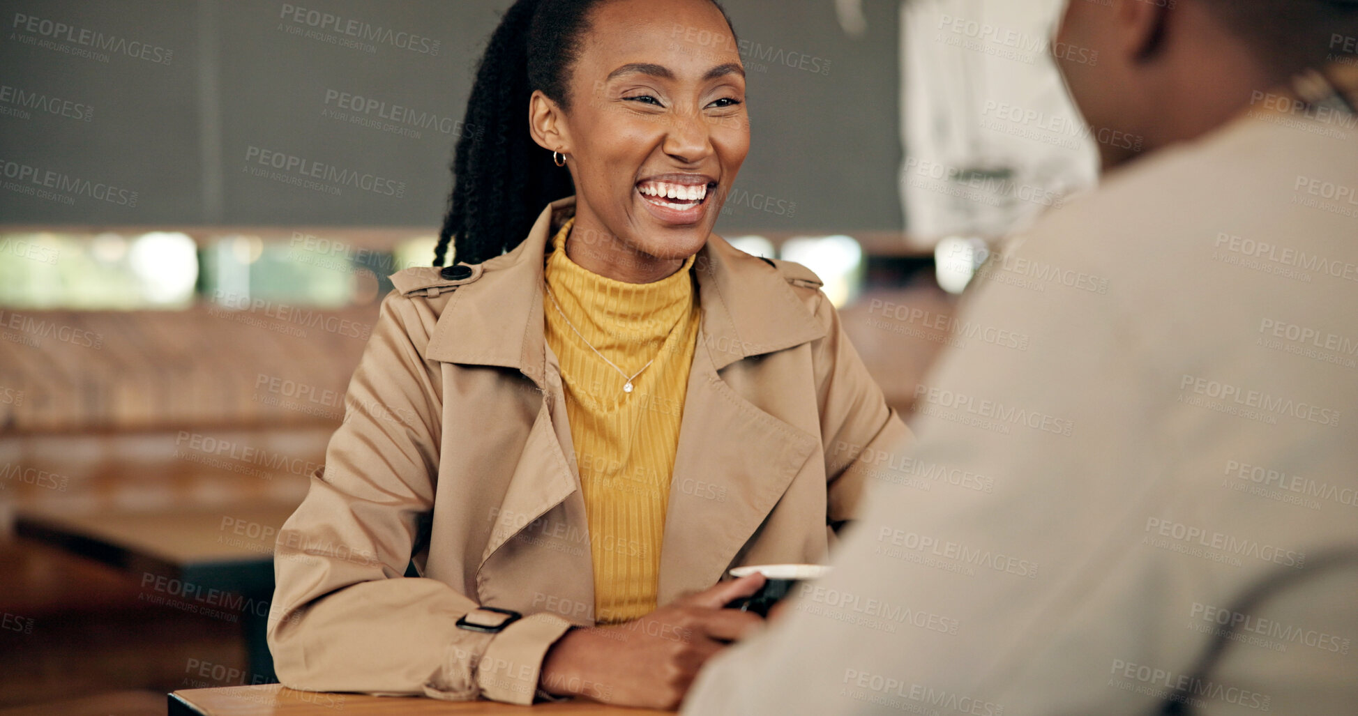 Buy stock photo Black woman, laughing and coffee date with couple for bonding, joke or funny story with happiness. Person, partner and conversation with humor, healthy relationship or relax together in cafe for love