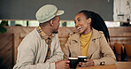 Couple, date and coffee at cafe with love, smile and partner affection for bonding together. Happy, black people and talk at restaurant with drinks, healthy relationship and connection for commitment