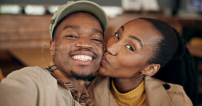 Buy stock photo Love, happy couple and kiss selfie in cafe for romantic date memory, social media post and bonding. Photo, black people or affection in coffee shop for healthy relationship, status update or portrait