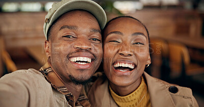 Buy stock photo Love, black couple and laughing selfie in cafe for date memory, social media post or connection. Funny, happy people and photograph in restaurant for profile picture, relationship portrait or support