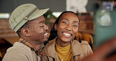 Buy stock photo Love, black couple and happy selfie in cafe for anniversary date memory, online post and bonding. Weekend, people and photography in coffee shop for profiler picture update, relationship and support