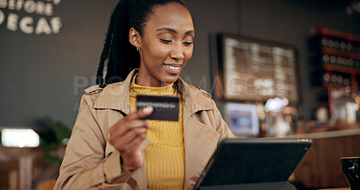 Buy stock photo Black woman, tablet and credit card for payment in cafe, online banking, shopping or digital purchase. Password, ecommerce and paying with customer or person for financial transaction at coffee shop