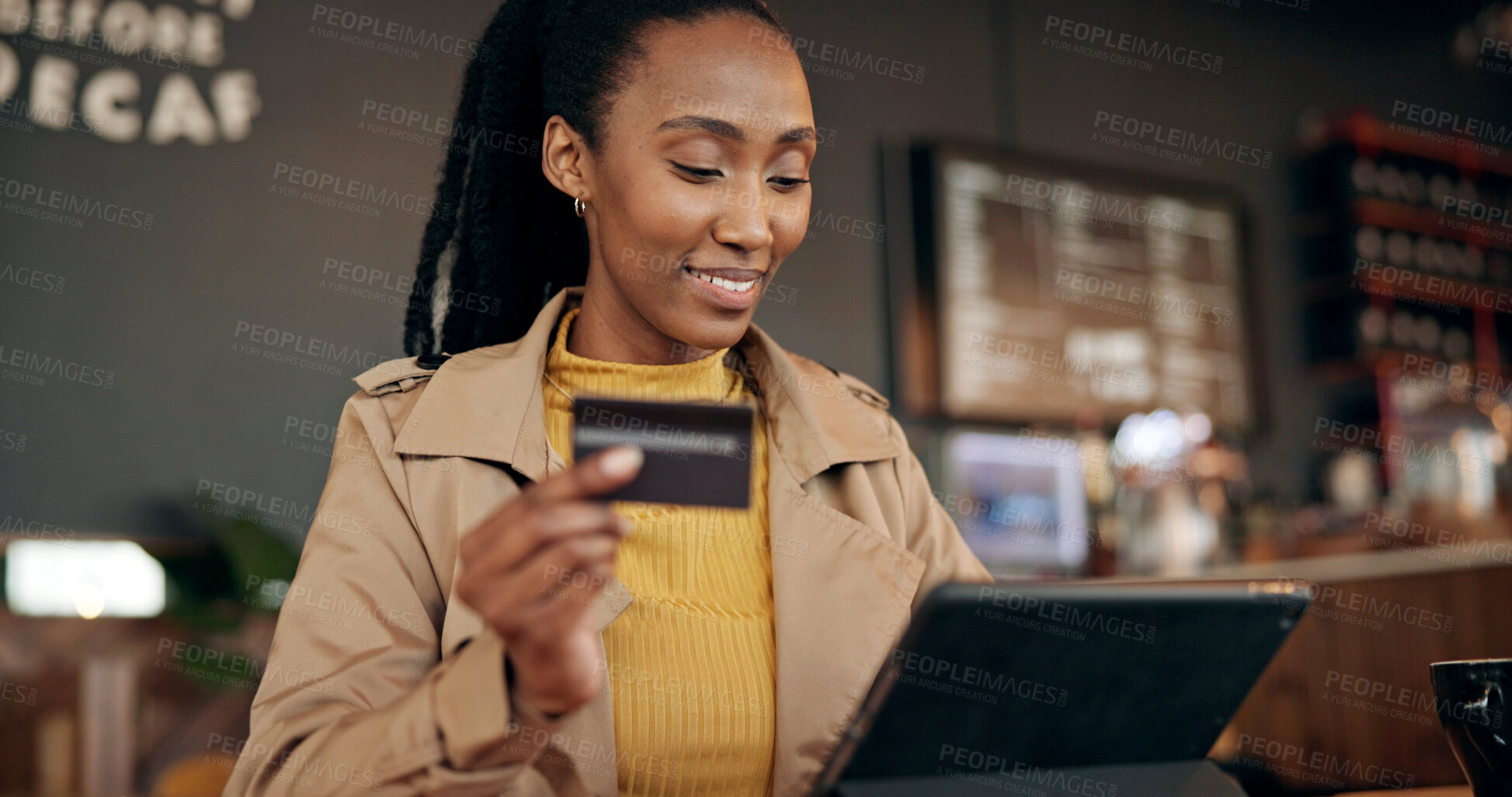 Buy stock photo Black woman, tablet and credit card for payment in cafe, online banking, shopping or digital purchase. Password, ecommerce and paying with customer or person for financial transaction at coffee shop