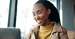 Laptop, happy and black woman in cafe for research on creative project with freelance career. Computer, reading and African female magazine editor with online article for publishing in coffee shop.