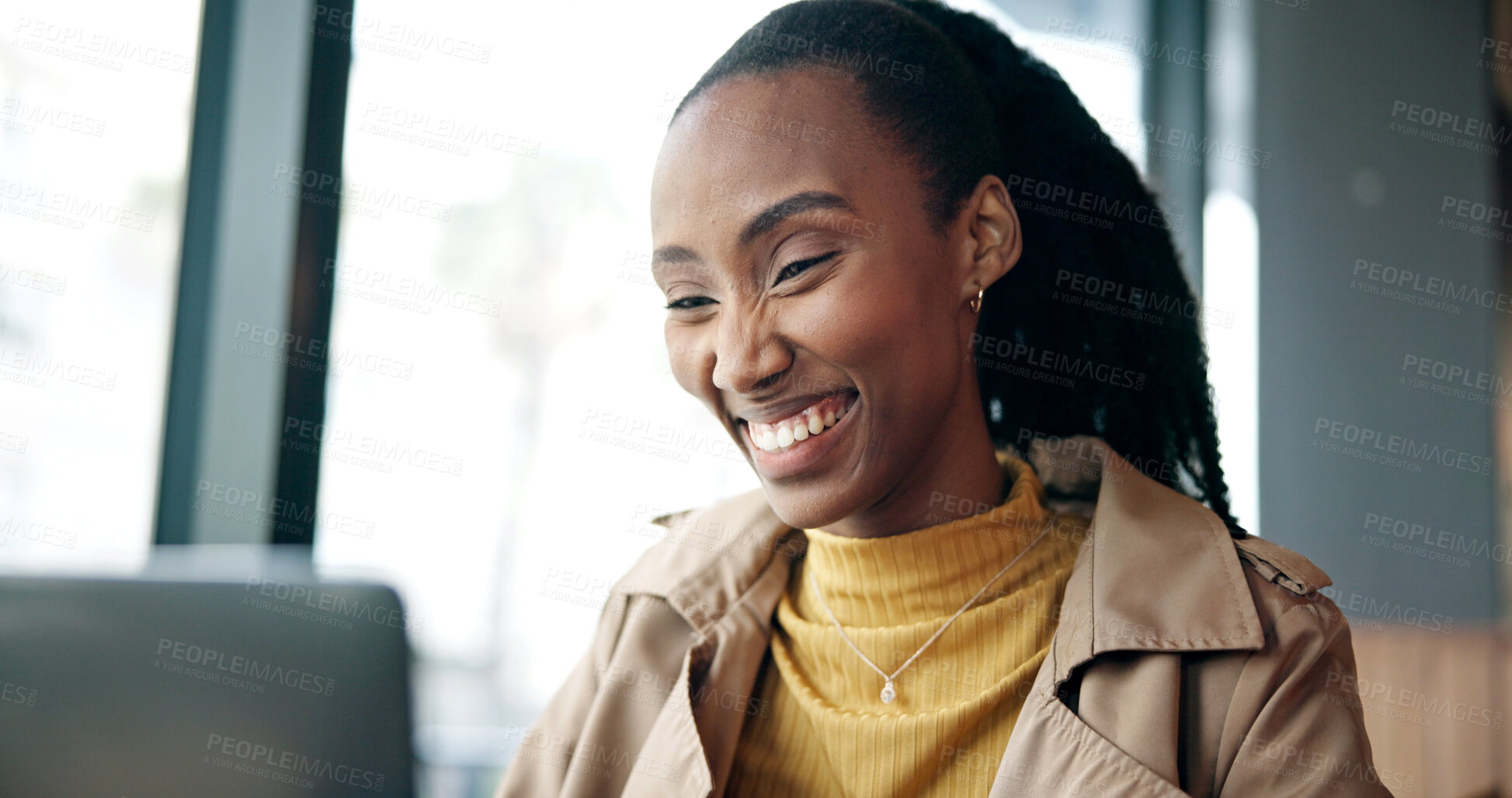 Buy stock photo Laptop, happy and black woman in cafe for research on creative project with freelance career. Computer, reading and African female magazine editor with online article for publishing in coffee shop.
