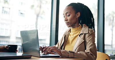 Buy stock photo Laptop, typing and black woman in coffee shop for research on creative project with freelance career. Computer, reading and African female magazine editor with online article for publishing in cafe.