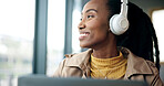 Headphones, thinking and black woman with laptop in home with remote work for creative project. Planning, audio tech and African female magazine editor with music for ideas on article with publishing