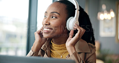 Buy stock photo Headphones, planning and black woman with laptop in home with remote work for creative project. Thinking, audio tech and African female magazine editor with music for ideas on article with publishing