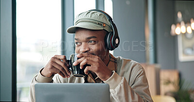 Buy stock photo Laptop, coffee and black man in cafe for thinking on creative project with freelance career. Cappuccino, planning and African male magazine editor with computer for online publishing in restaurant.