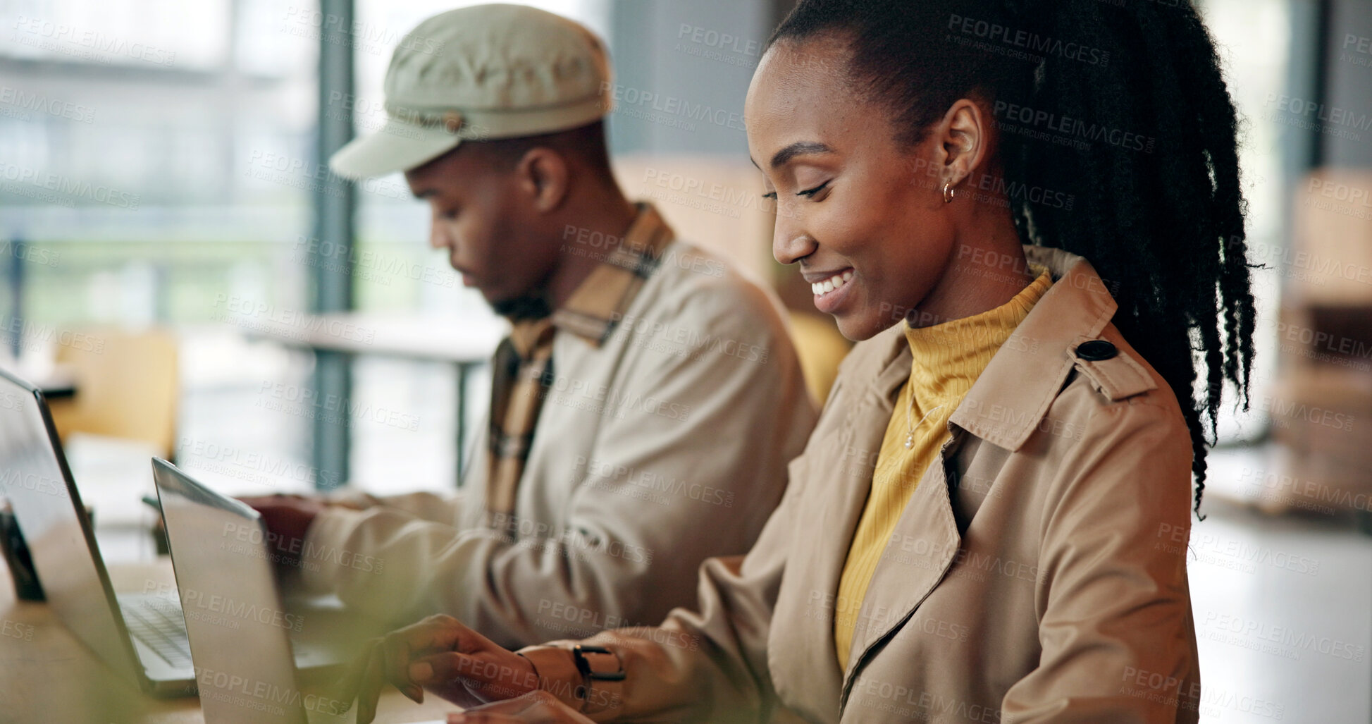 Buy stock photo Typing, laptop and black people in cafe with research for creative project with freelance career. Coworkers, computer and African woman with man for online article with publishing in coffee shop.