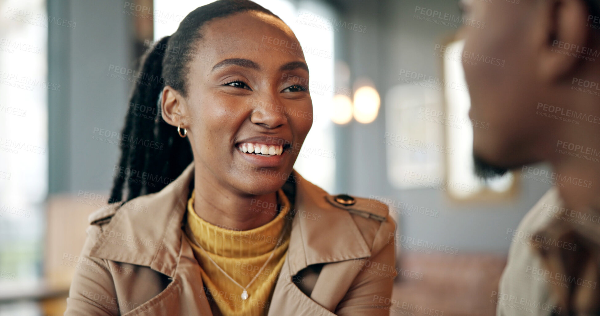 Buy stock photo Black woman, happiness and couple on date at coffee shop, trust and together for connection. Support, care and love with person and partner for bonding, smile and healthy relationship at cafe