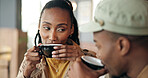 Smile, woman and couple with coffee on date, love and admiration for bonding together. Happy, black people and drinking at restaurant with beverage, healthy relationship and connection for commitment