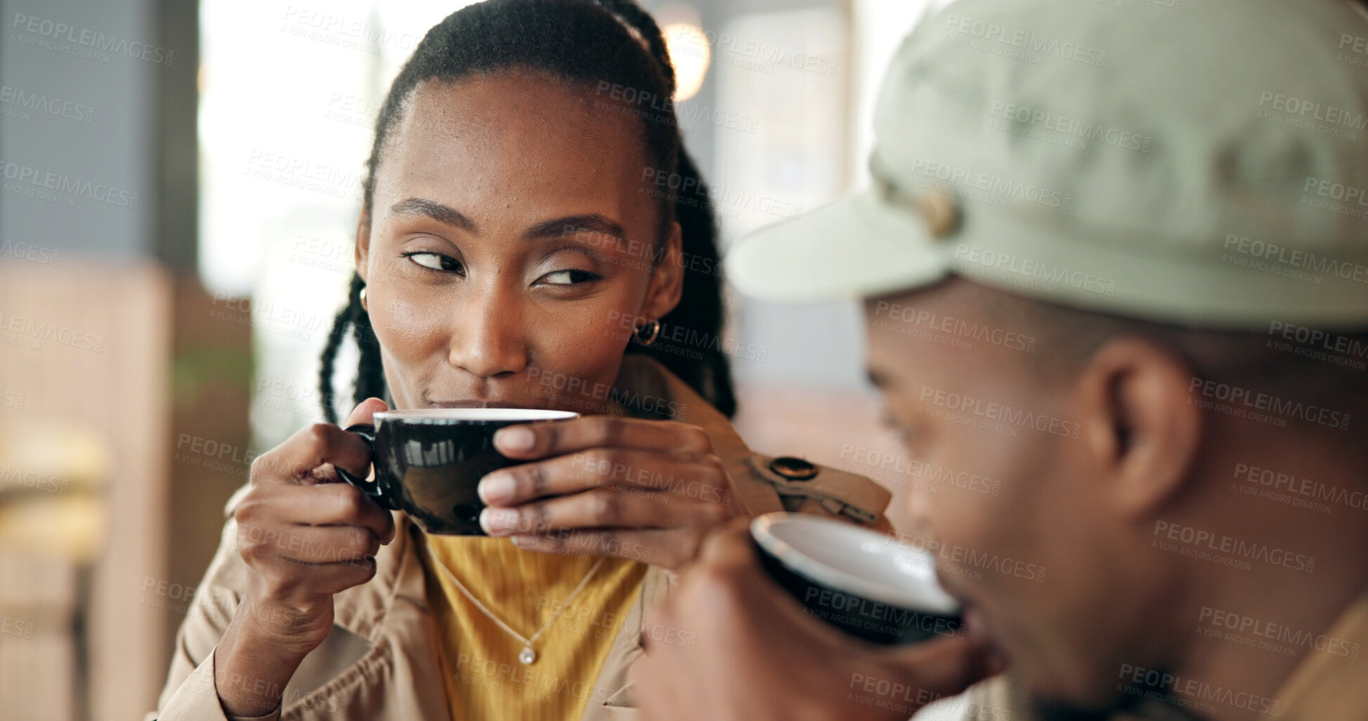 Buy stock photo Smile, woman and couple with coffee on date, love and admiration for bonding together. Happy, black people and drinking at restaurant with beverage, healthy relationship and connection for commitment