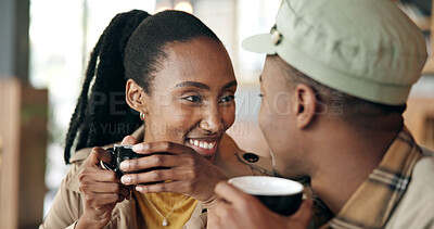 Buy stock photo Love, black couple and smile at coffee shop with support, commitment and bonding together on break. Beverage, man and woman at cafe to relax with care for connection, trust and date with happiness