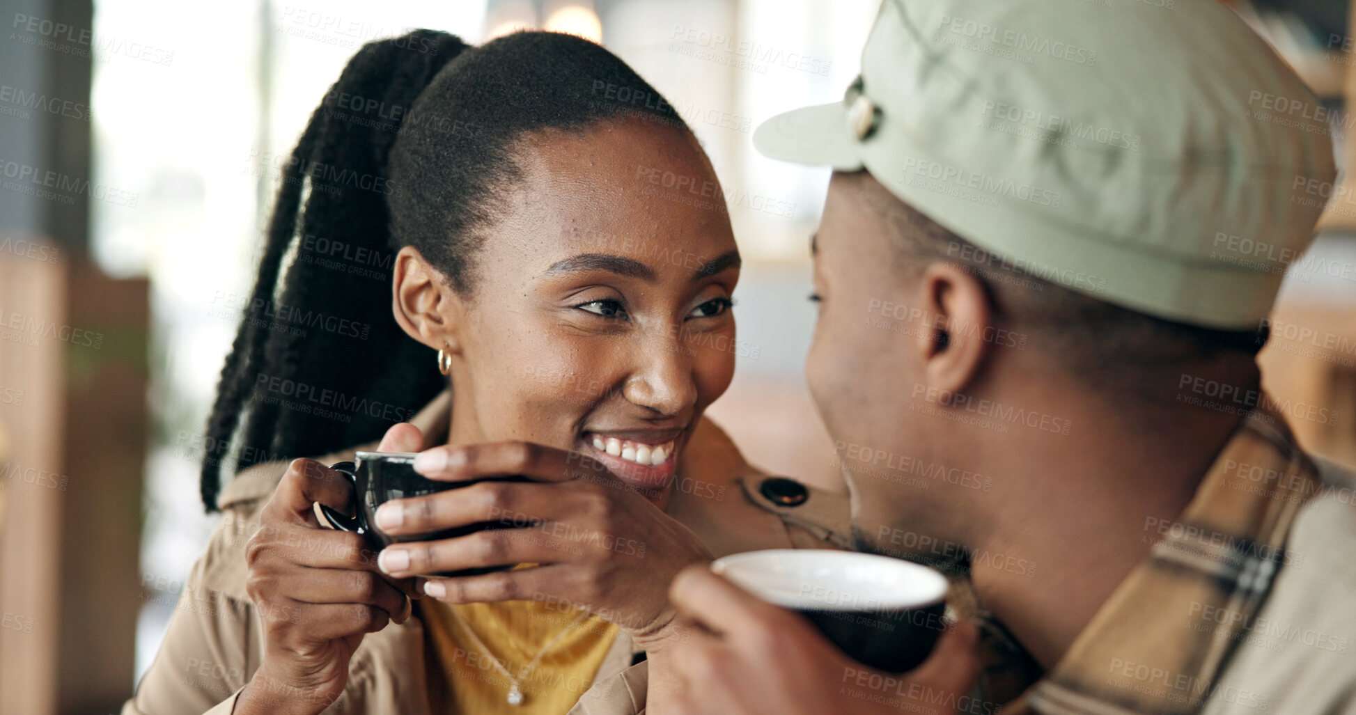 Buy stock photo Love, black couple and smile at coffee shop with support, commitment and bonding together on break. Beverage, man and woman at cafe to relax with care for connection, trust and date with happiness