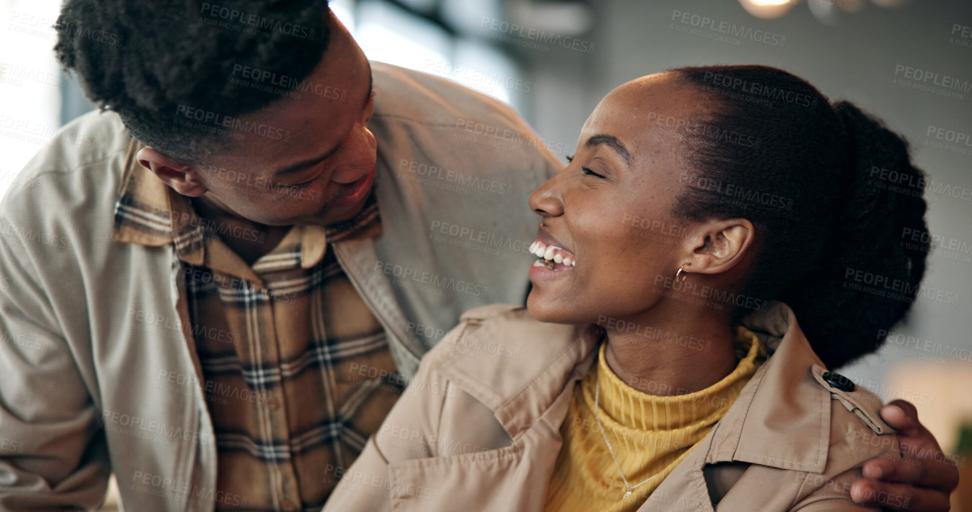 Buy stock photo Happy, hug and surprise with black couple in cafe for romantic visit or rendezvous together. Man, woman or smile with embrace, affection or kindness for friendly meeting or bonding in coffee shop
