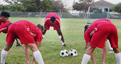Buy stock photo Athlete, people and stretching on field for soccer, fitness and match practice for competition. Men, warm up or preparation at park for football, exercise and training for sports tournament with team