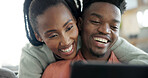 Couple, bonding and laughing with tablet in home, entertainment or streaming video with subscription. Black people, scroll and happy with partner on couch, online and watching funny movie with tech