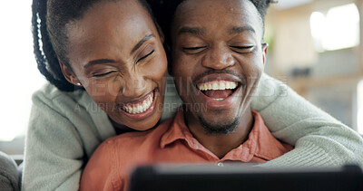 Buy stock photo Couple, love and laughing with tablet in home, entertainment and streaming videos with subscription. Black people, online and happy with partner in lounge, bonding and watching funny movie with tech