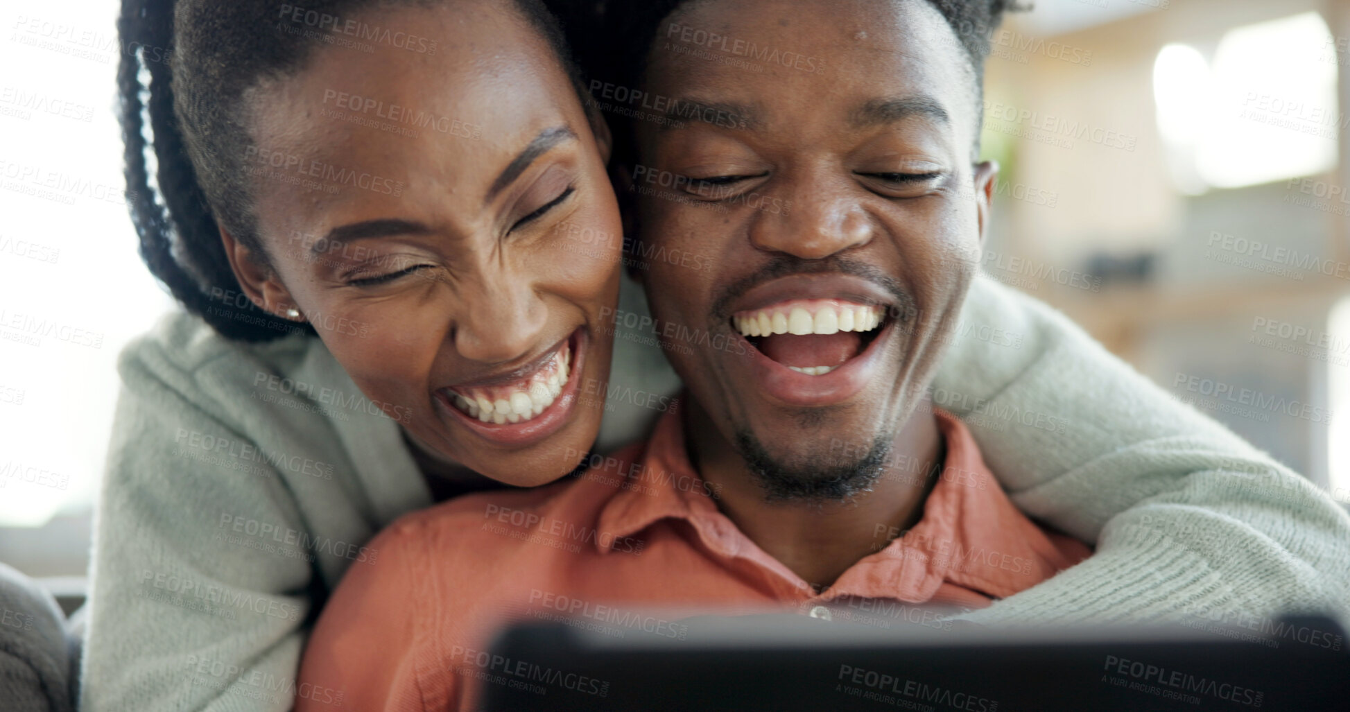 Buy stock photo Couple, love and laughing with tablet in home, entertainment and streaming videos with subscription. Black people, online and happy with partner in lounge, bonding and watching funny movie with tech