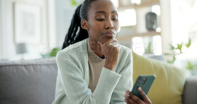 Buy stock photo Thinking, cellphone and black woman on sofa in home with networking, connection or texting on mobile app. Relax, decision and female person with phone for chatting, communication or social media.
