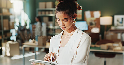 Buy stock photo Fashion, supply chain and woman on tablet in office for shipping schedule, orders and distribution. Small business, stylus and person on tech for supplier service, logistics and online inventory