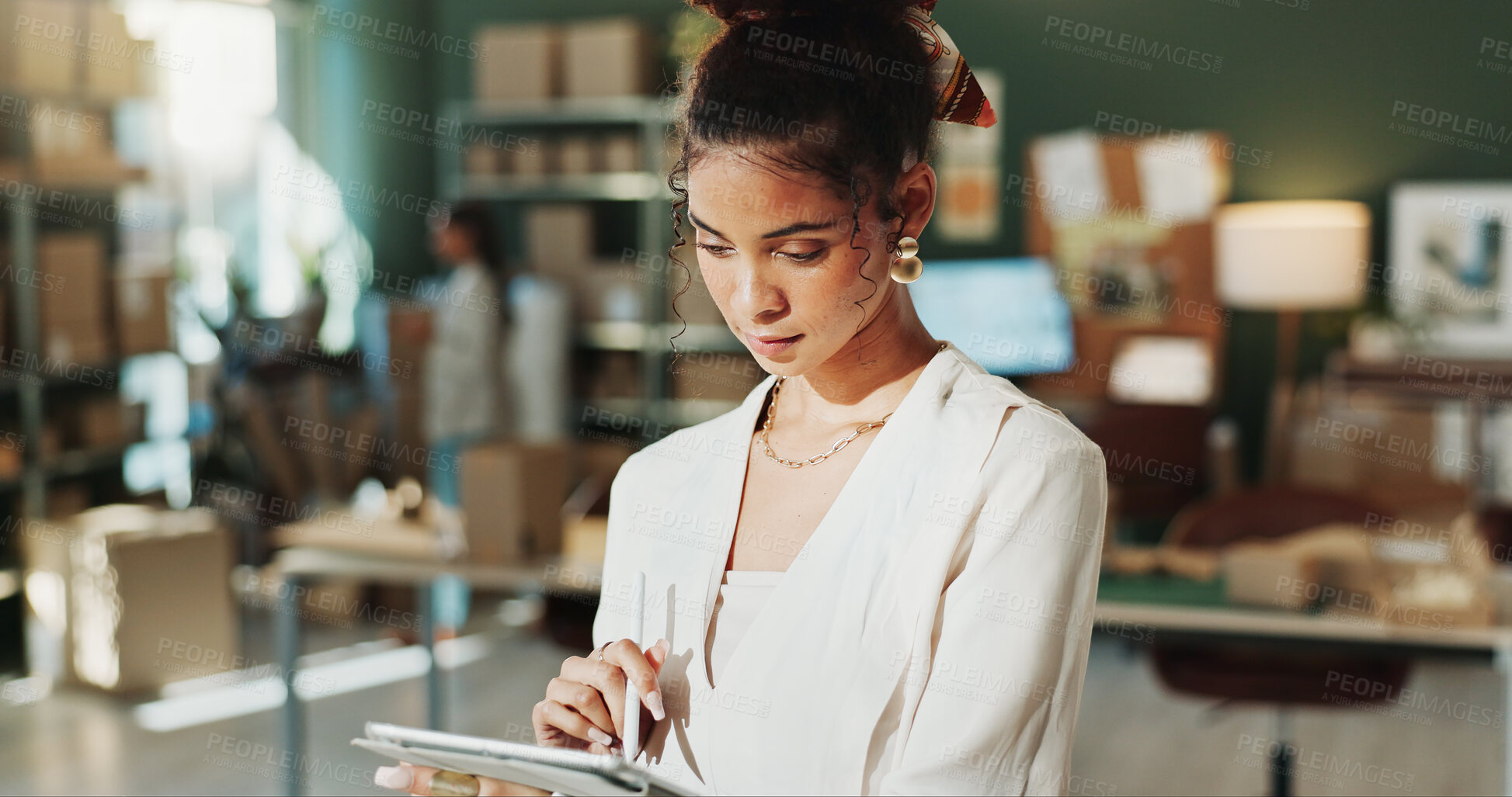 Buy stock photo Fashion, supply chain and woman on tablet in office for shipping schedule, orders and distribution. Small business, stylus and person on tech for supplier service, logistics and online inventory