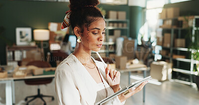 Buy stock photo Thinking, logistics and woman on tablet in office for shipping schedule, supply chain and distribution. Small business, startup and person on tech for supplier service, delivery and online inventory